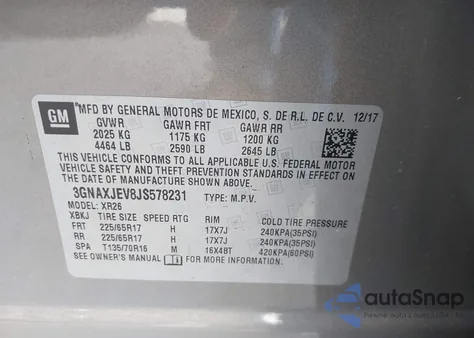 2018 Chevrolet Equinox Lt из США, поврежденный, VIN 3GNAXJEV8JS578231